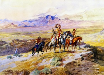 Los indios explorando una caravana 1902 Charles Marion Russell Indios Americanos Pinturas al óleo